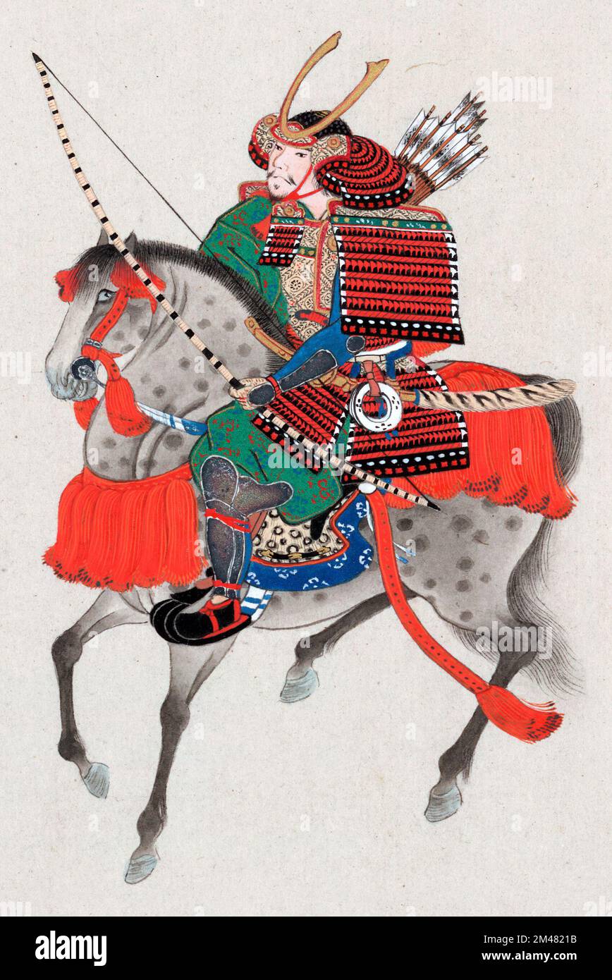 Samurai. Abbildung eines Samurai, der auf einem Pferderücken sitzt, eine Rüstung trägt und einen Bogen in der Hand hält, Zeichnung mit Tinte, c. 1878 Stockfoto