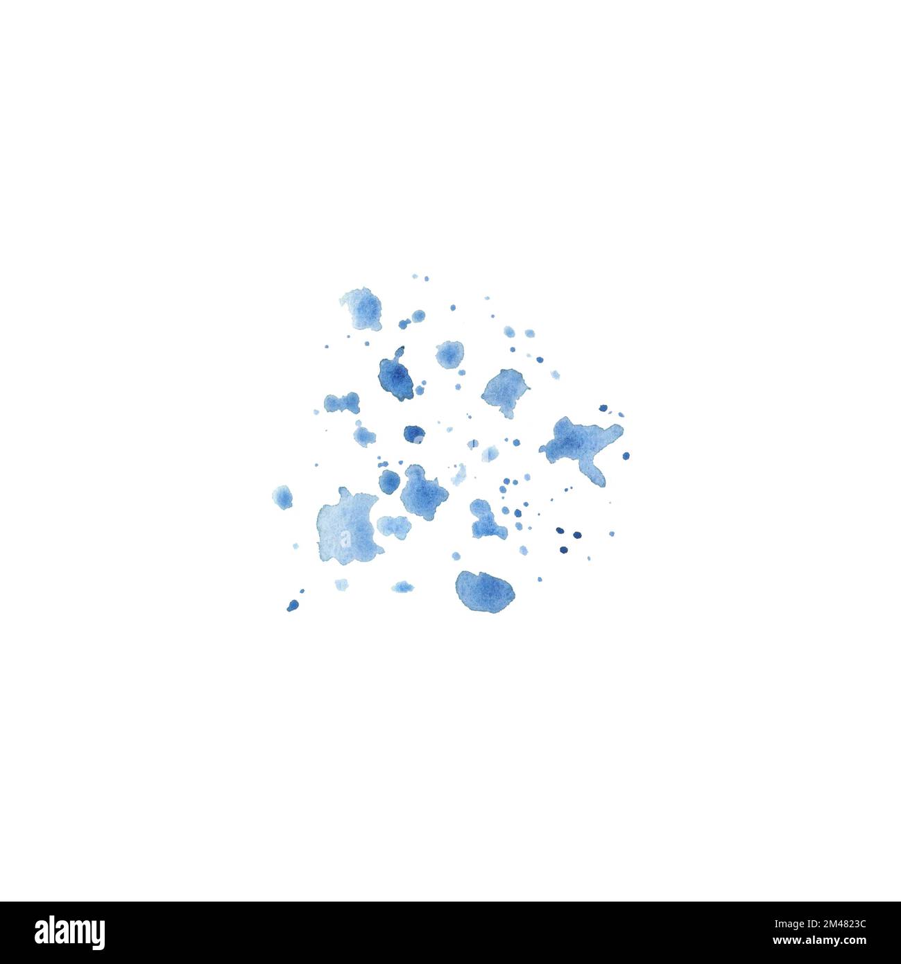 Blaue Flecken und Spritzer isoliert auf weißem Hintergrund. Handgezeichnete Aquarell-Illustration. Kunst für Design. Textur für Hintergründe Stockfoto