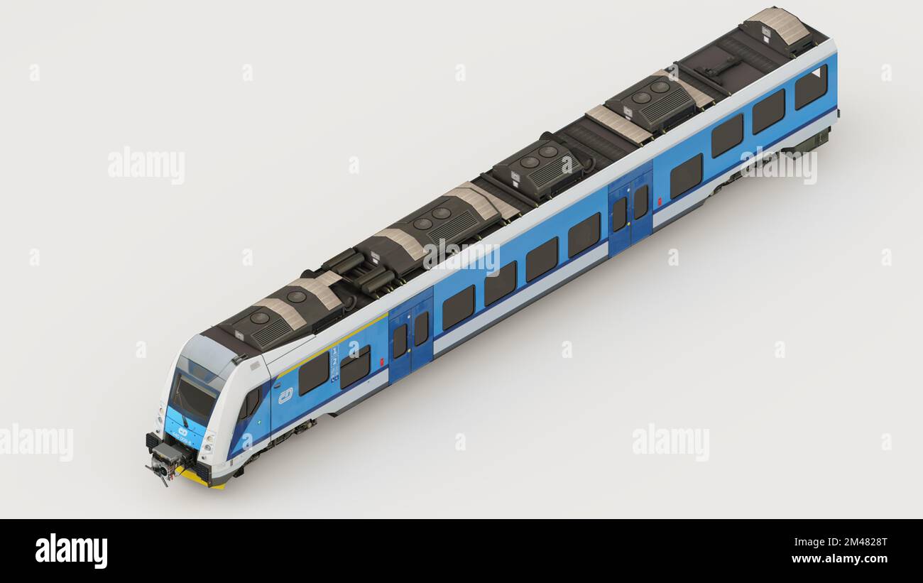 Eine Nahaufnahme eines blauen Busses auf weißem Hintergrund Stockfoto