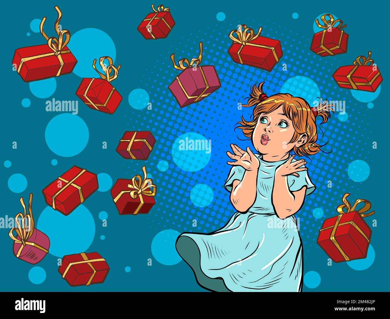 Fröhliches, glückliches Mädchen. Rote Geschenkschachteln. Geburtstag oder weihnachten Hintergrund Stock Vektor