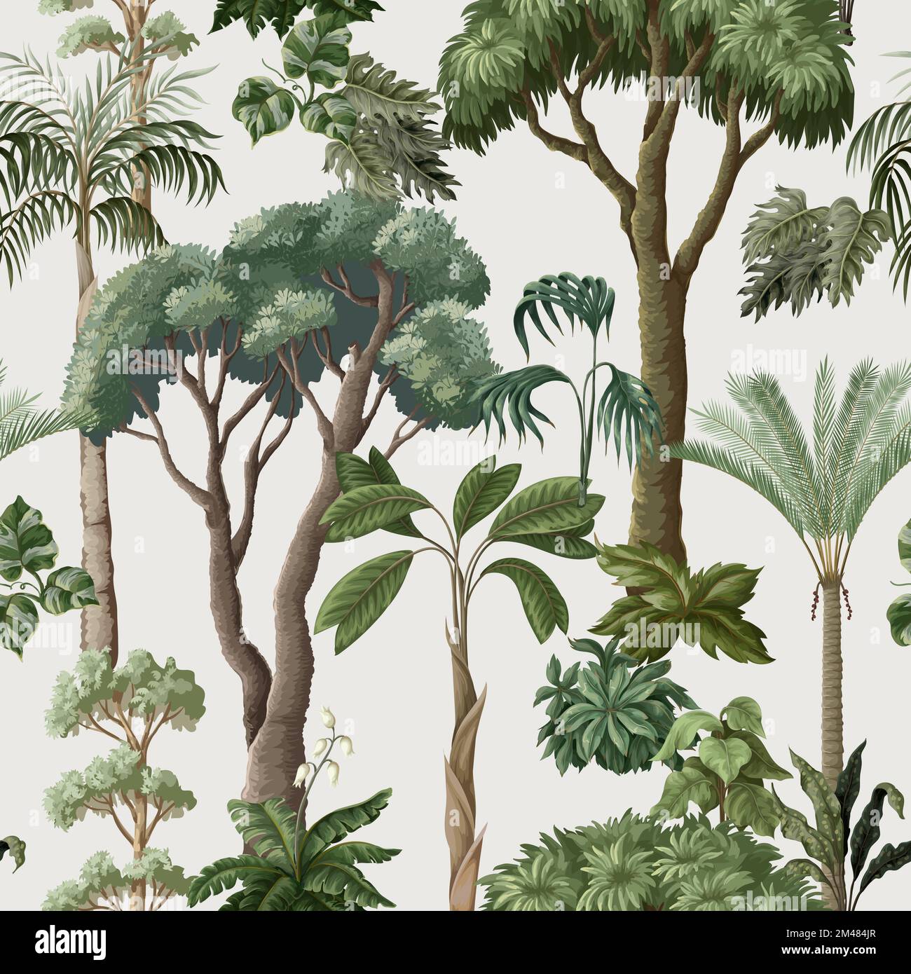 Nahtloses Muster mit Dschungelbäumen und Pflanzen. Vektor. Stock Vektor