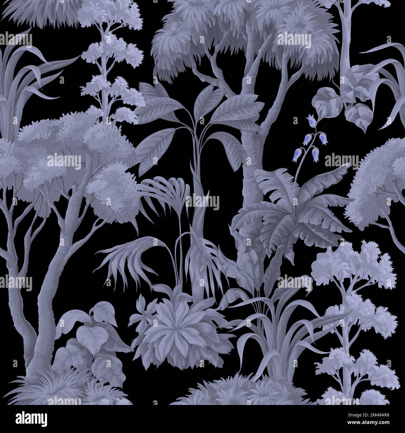 Nahtloses Muster mit Schwarzweiß-Dschungelbäumen und Pflanzen. Vektor. Stock Vektor