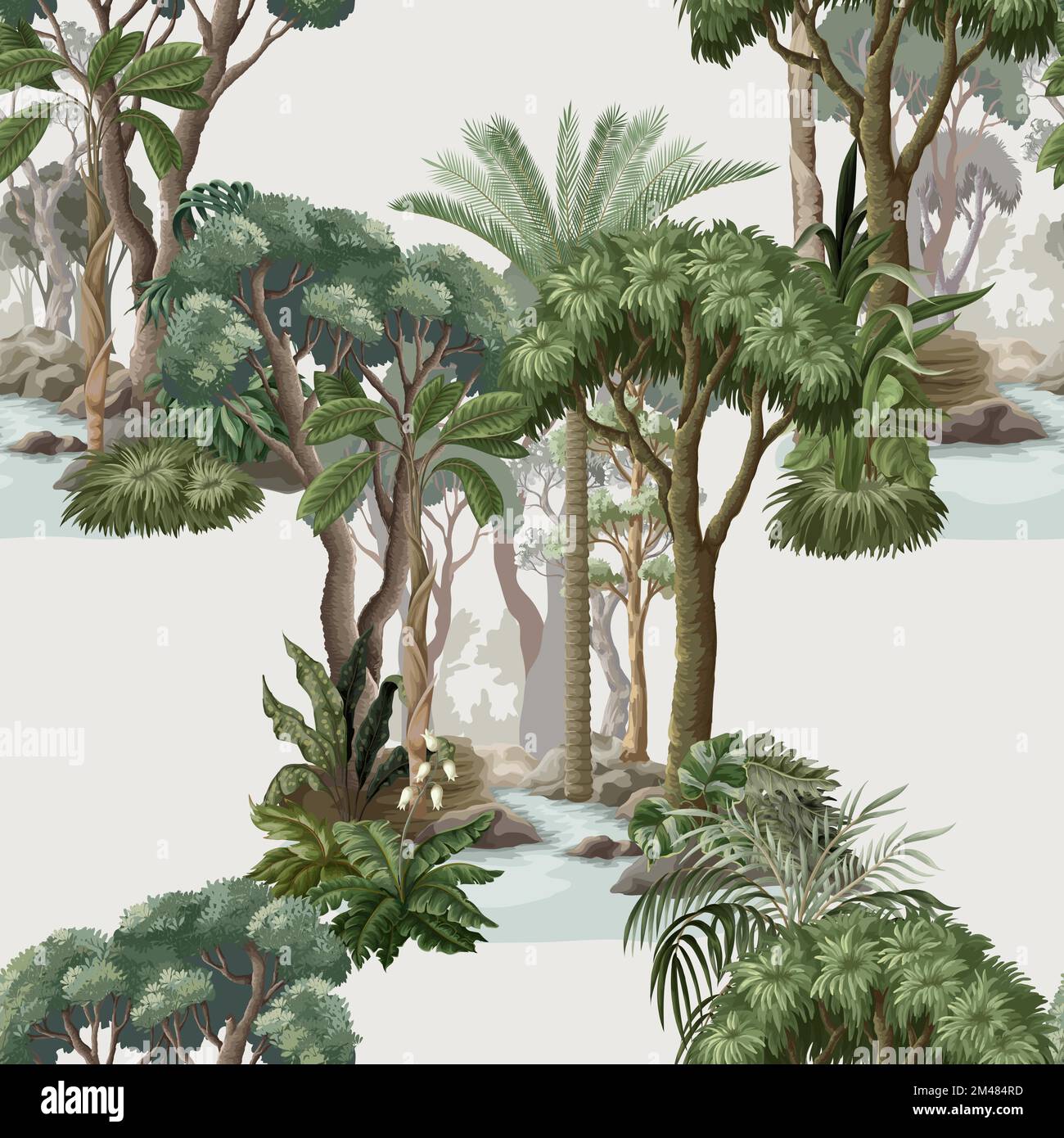 Nahtloses Muster mit Dschungelbäumen und Pflanzen. Vektor. Stock Vektor