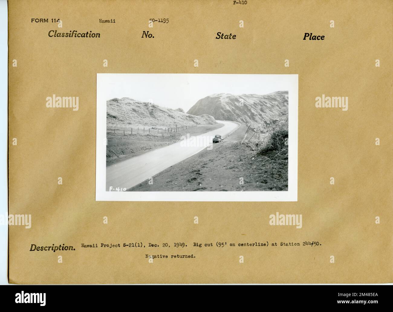 Hawaii Project S-21(1), Station 244-50. Originalüberschrift: Hawaii Project S-21(1), 20. Dezember 1949. Großer Schnitt (95' auf der Mittellinie) an Station 244-50. Bundesstaat: Hawaii. Stockfoto