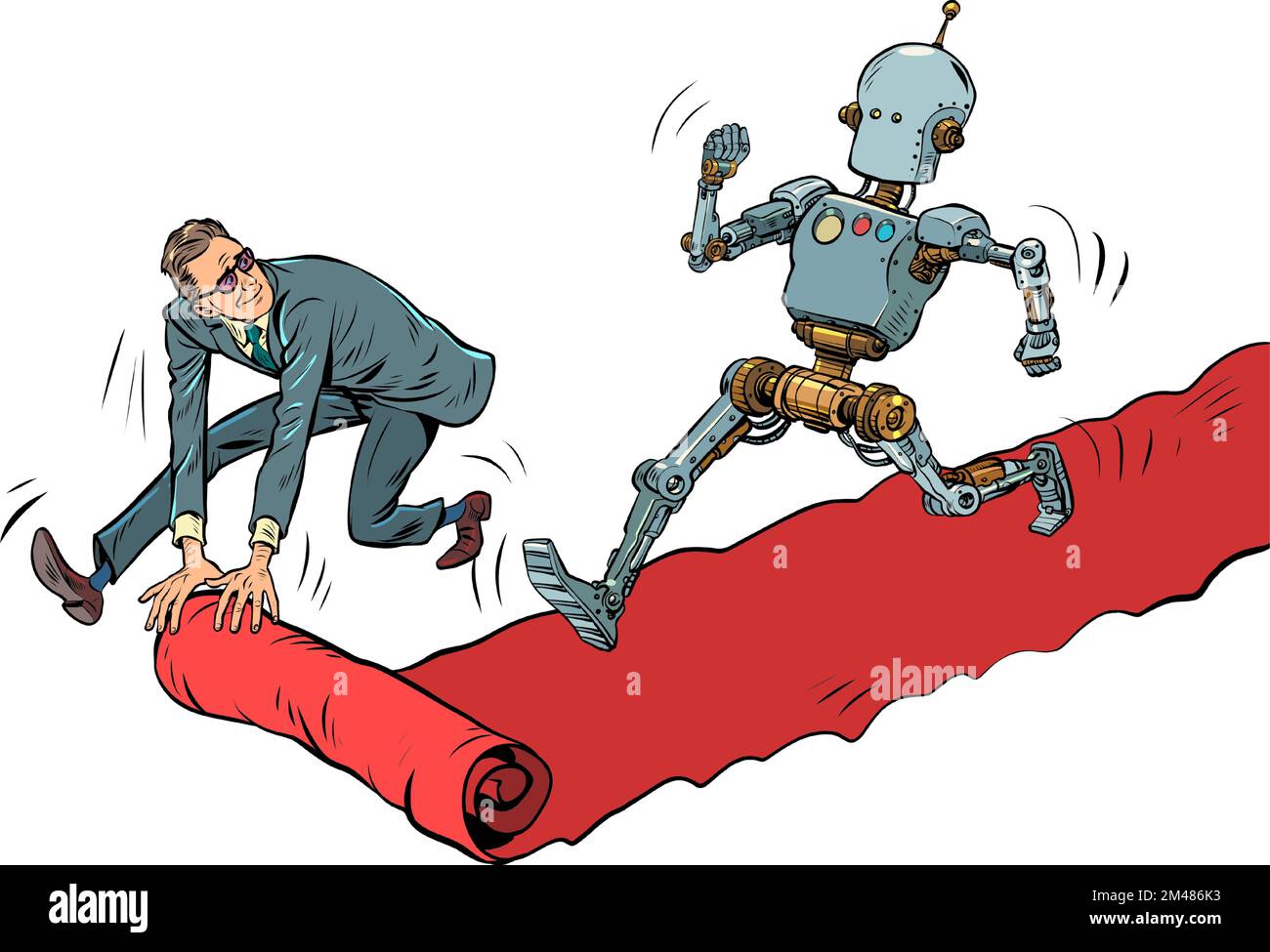 Robot Hero auf dem roten Teppich der Filmpremiere. Der Sieger geht voran, der Mann ist der Diener Stock Vektor