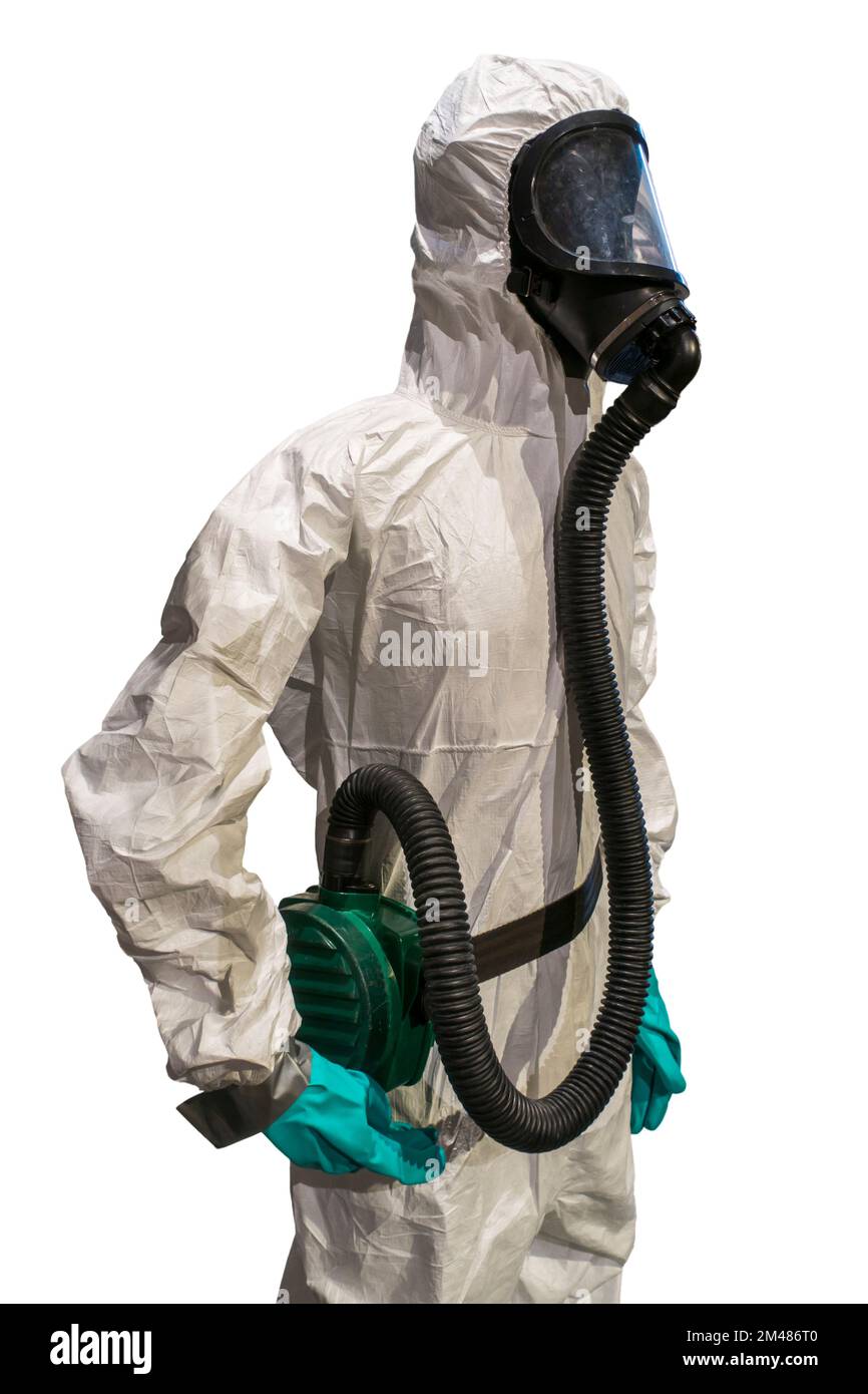 Persönliche Schutzausrüstung/PSA-Schutzkleidung mit Atemschutzmaske mit FFP3-Filter zur Asbestentfernung vor weißem Hintergrund Stockfoto