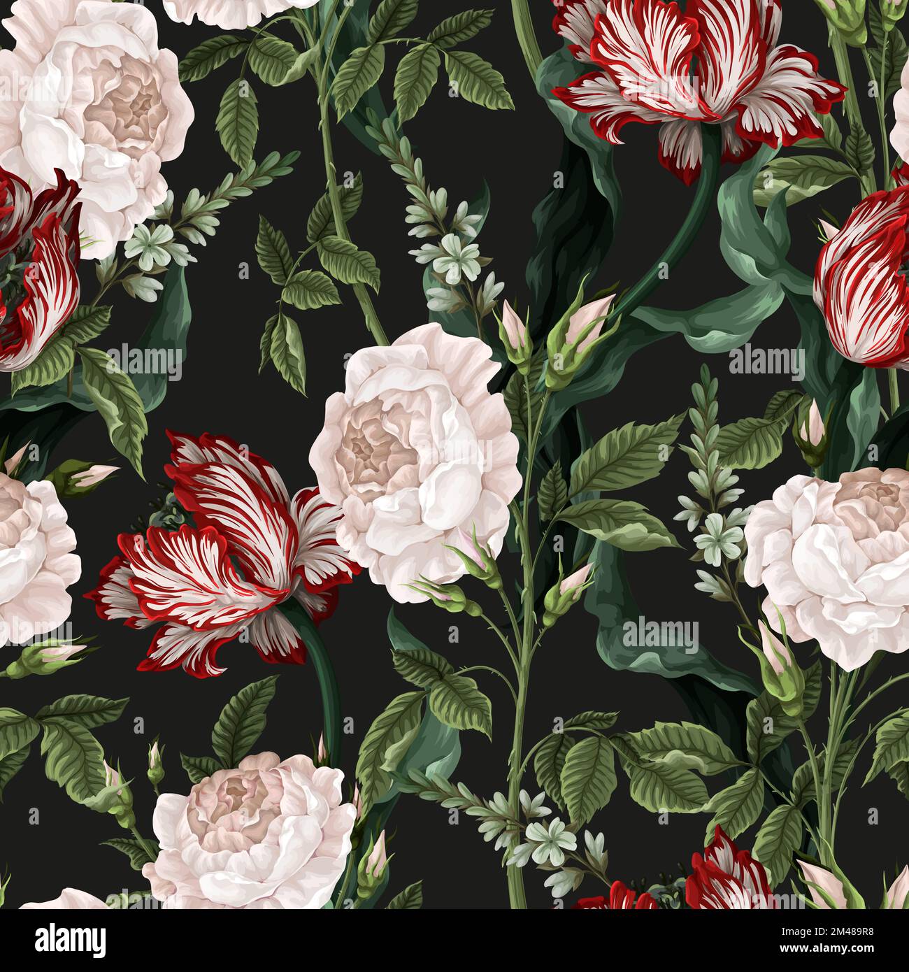 Nahtloses Muster mit alten Blumen wie Rosen und Tulpen. Vektor. Stock Vektor