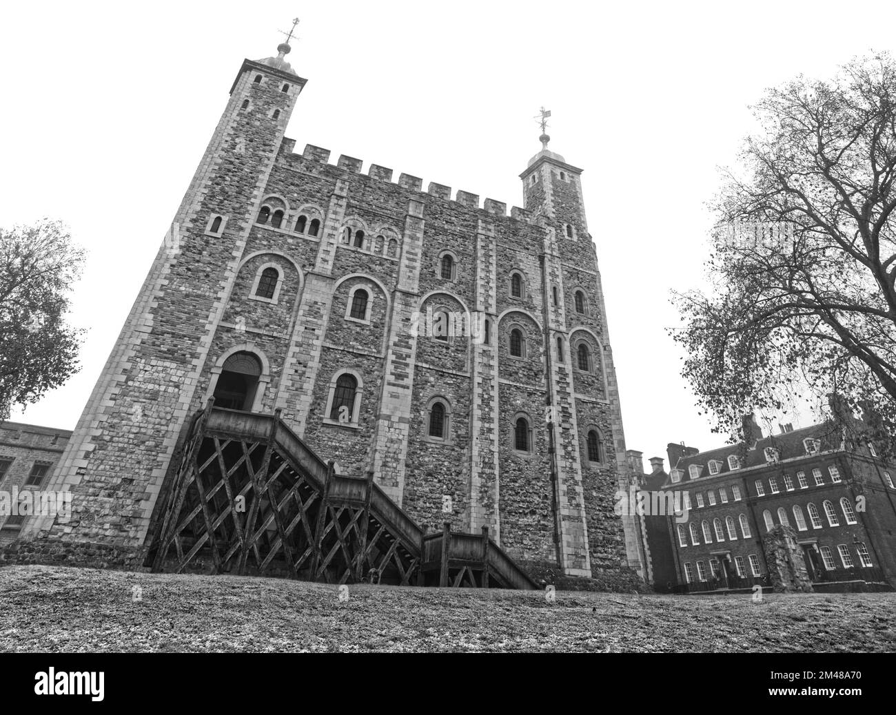 Tower of London der weiße Turm künstlerische Baum in Schwarz und Weiß in Großbritannien Europa Stockfoto