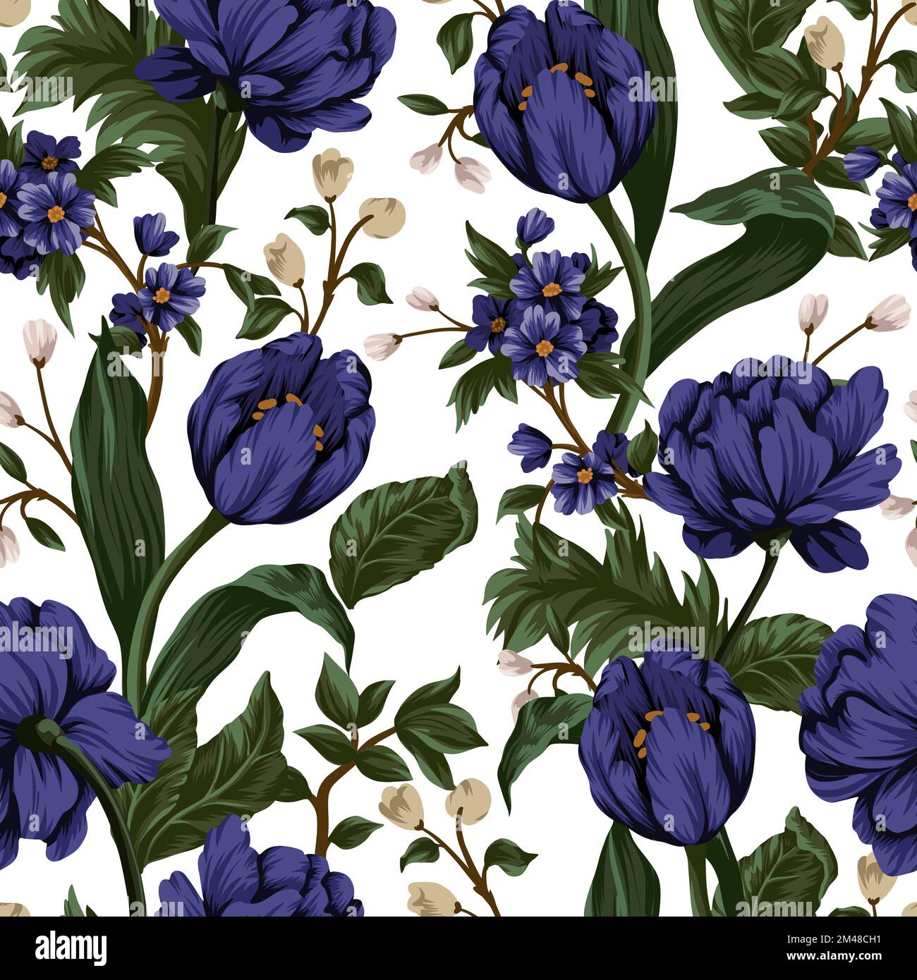 Nahtloses Muster mit violetten Pfingstrosen und kleinen Blumen. Vektor. Stock Vektor