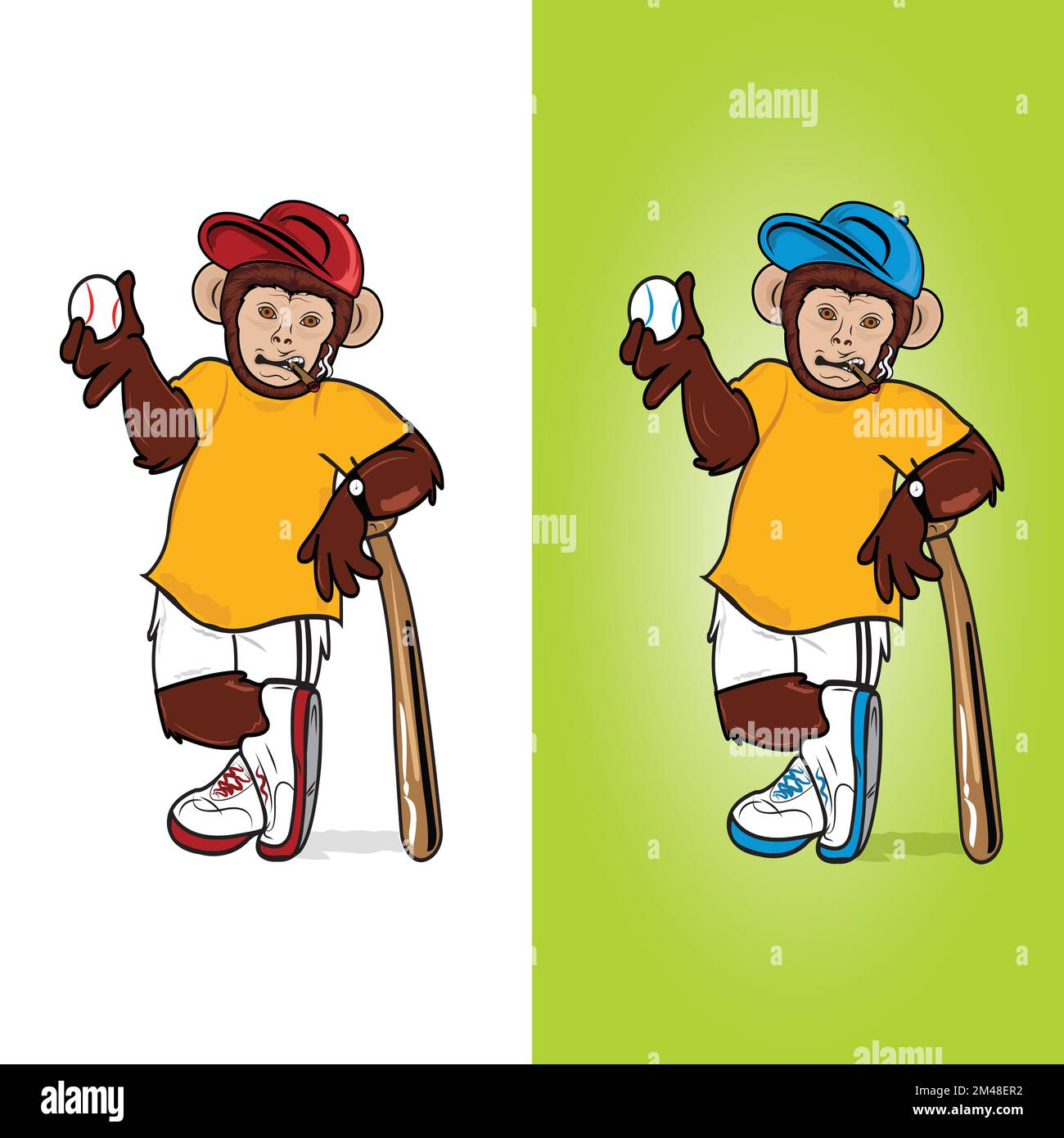 Ein Affe, der Cricket spielt, und ein rauchendes Spielmaskottchen im Vektordesign Stock Vektor