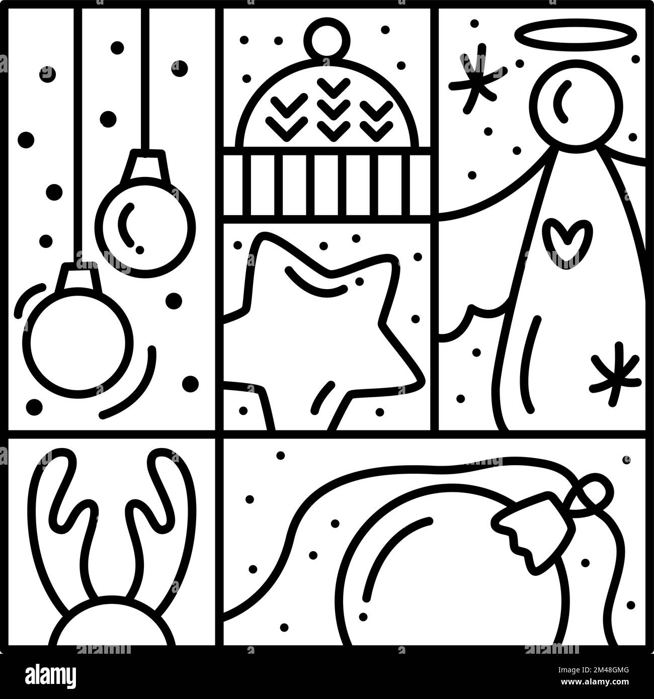 Weihnachtslogo Schneeflocke, Hirsch, Tasse Kaffee und Tannenspielzeug. Handgezeichneter Monolin-Wintervektorkonstruktor im quadratischen Rahmen für Stock Vektor