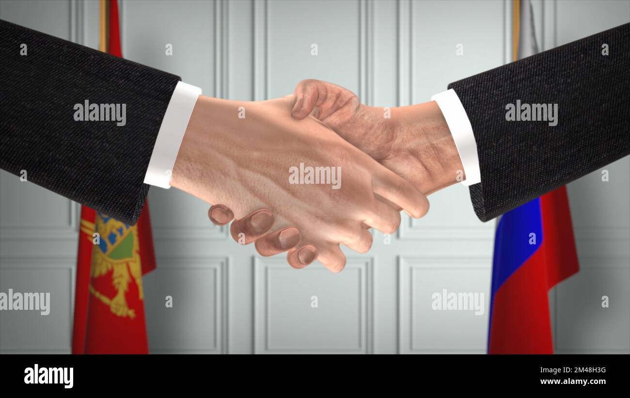 Montenegro und Russland, Deal Handschlag, Politik 3D Illustration. Offizielles Treffen oder Zusammenarbeit, Geschäftstreffen. Geschäftsleute oder Politiker geben sich die Hand Stockfoto