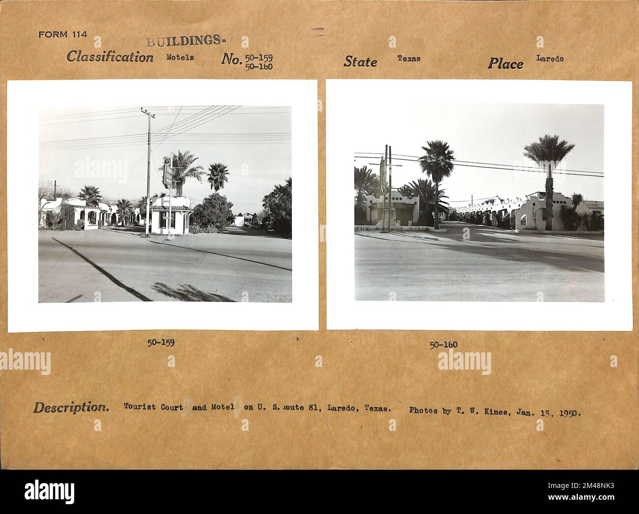 Tourist Court und Motel auf der U.S. Route 81. Originalunterschrift: Tourist Court und Motel an der US Route 81, Laredo, Texas. Fotos von T. W. Kines. Bundesstaat Texas. Ort: Laredo. Stockfoto