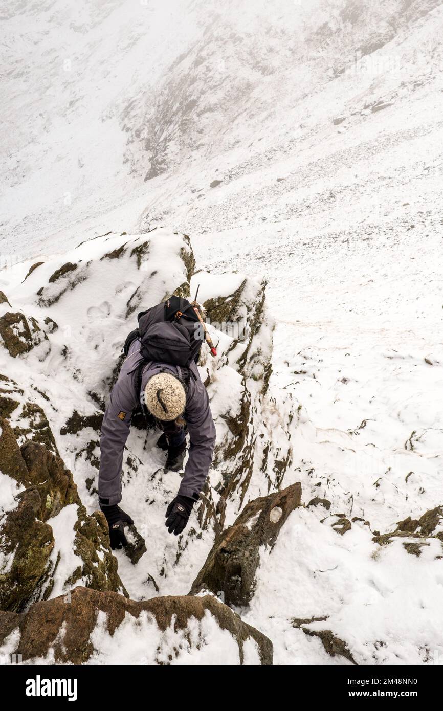Bergsteiger auf dem kniffligen Abschnitt einer Winterwanderung von Striding Edge auf Helvellyn im Lake District National Park, Cumbria, Großbritannien Stockfoto