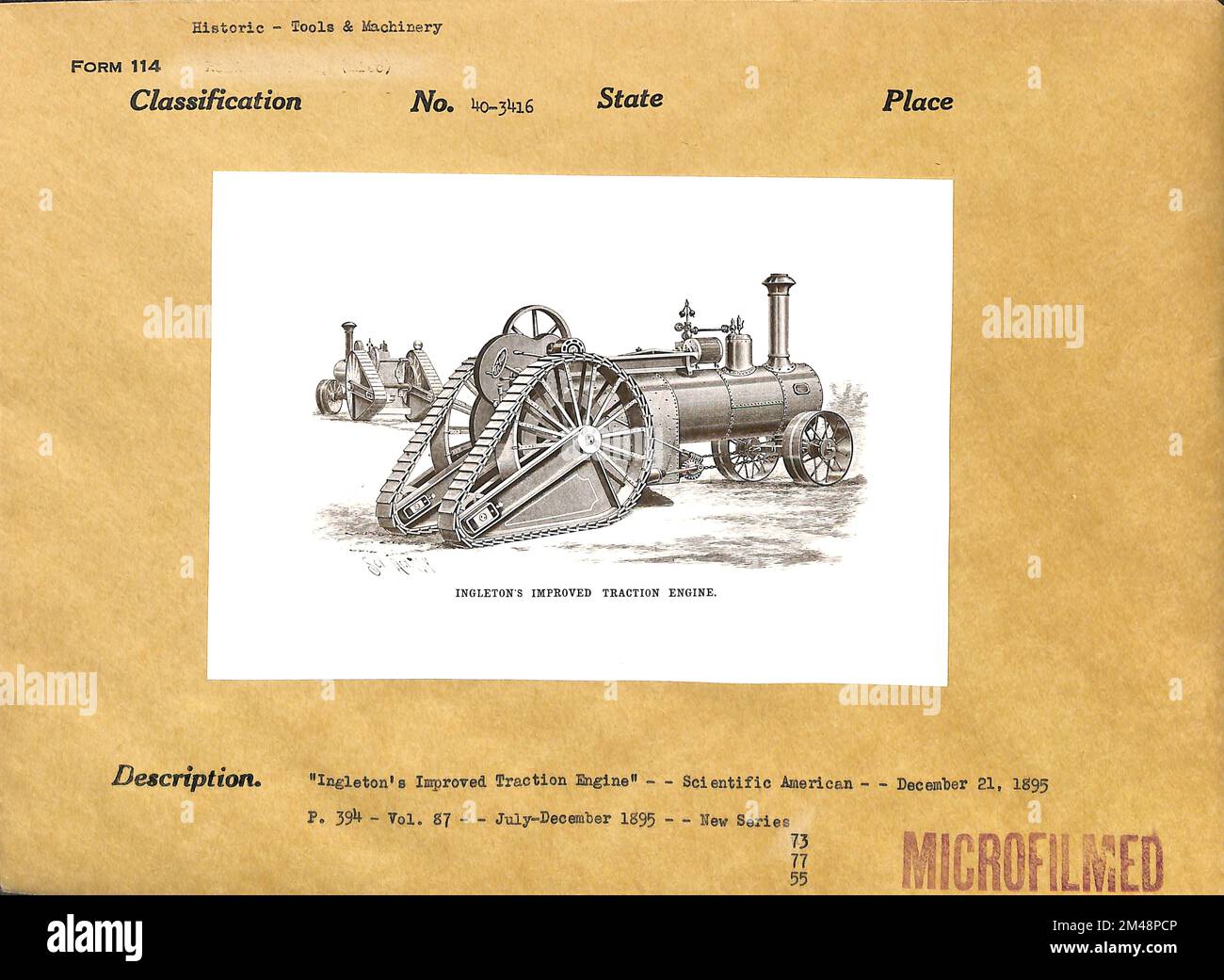 Die verbesserte Traktionsmaschine von Ingleton. Originalüberschrift: "Ingleton's Improved Traction Engine" - Scientific American - 21. Dezember 1895. S. 394 - Vol 87 - Juli-Dezember 1895 - - Neue Serie. Stockfoto
