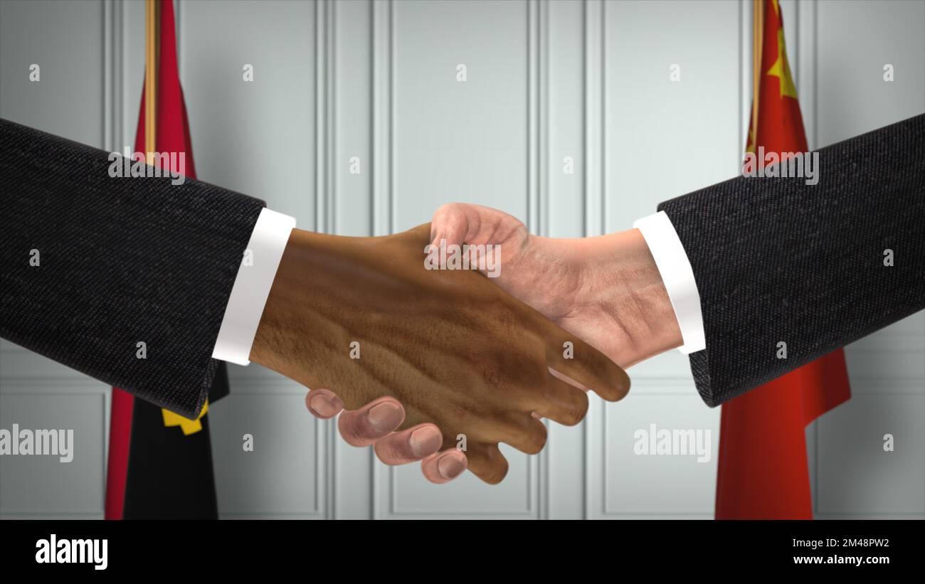 Geschäftstreffen der Amtsträger in Angola und China. Diplomatie-Deal. Partner-Handschlag. Stockfoto