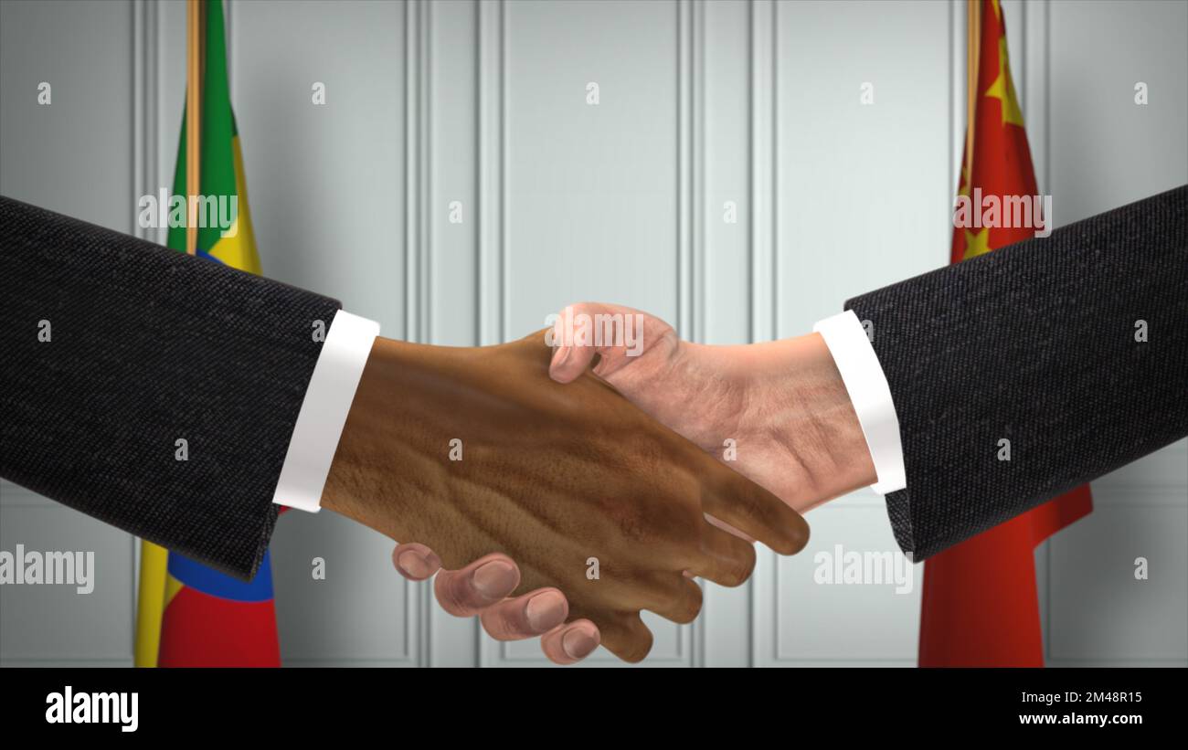 Geschäftstreffen der Amtsträger in Äthiopien und China. Diplomatie-Deal. Partner-Handschlag. Stockfoto