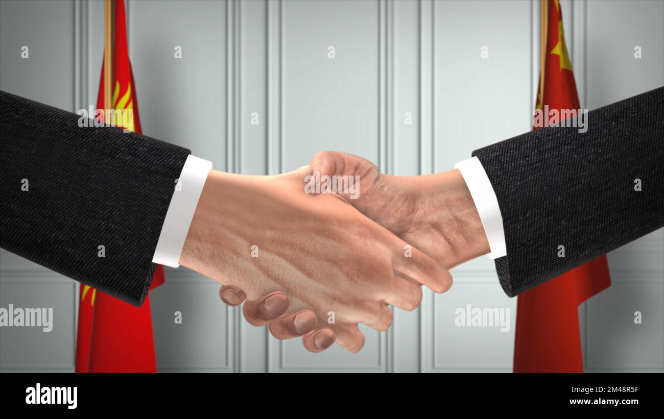 Kirgisische und chinesische Amtsträger Geschäftstreffen. Diplomatie-Deal. Partner-Handschlag. Stockfoto