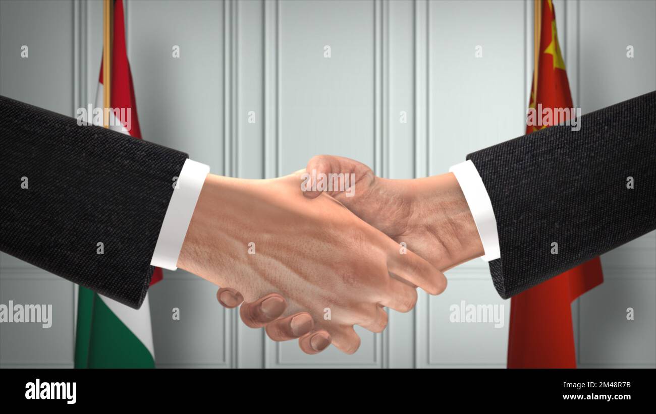 Geschäftstreffen der Regierungsvertreter in Mexiko und China. Diplomatie-Deal. Partner-Handschlag. Stockfoto
