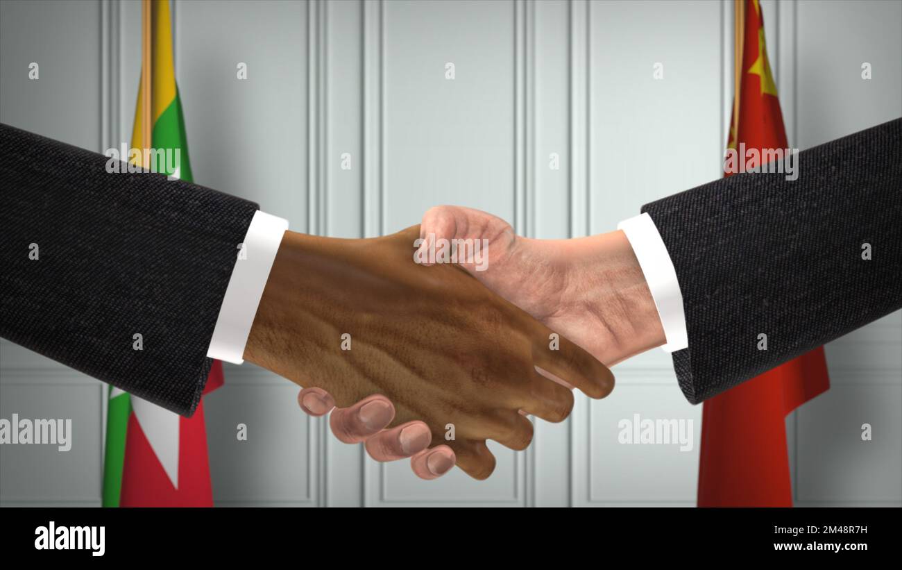 Geschäftstreffen der offiziellen Vertreter Myanmars und Chinas. Diplomatie-Deal. Partner-Handschlag. Stockfoto