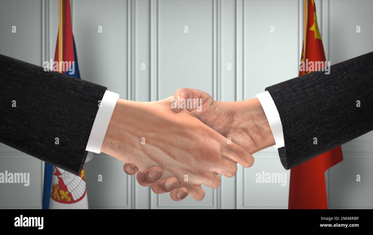Geschäftstreffen der offiziellen Vertreter Serbiens und Chinas. Diplomatie-Deal. Partner-Handschlag. Stockfoto