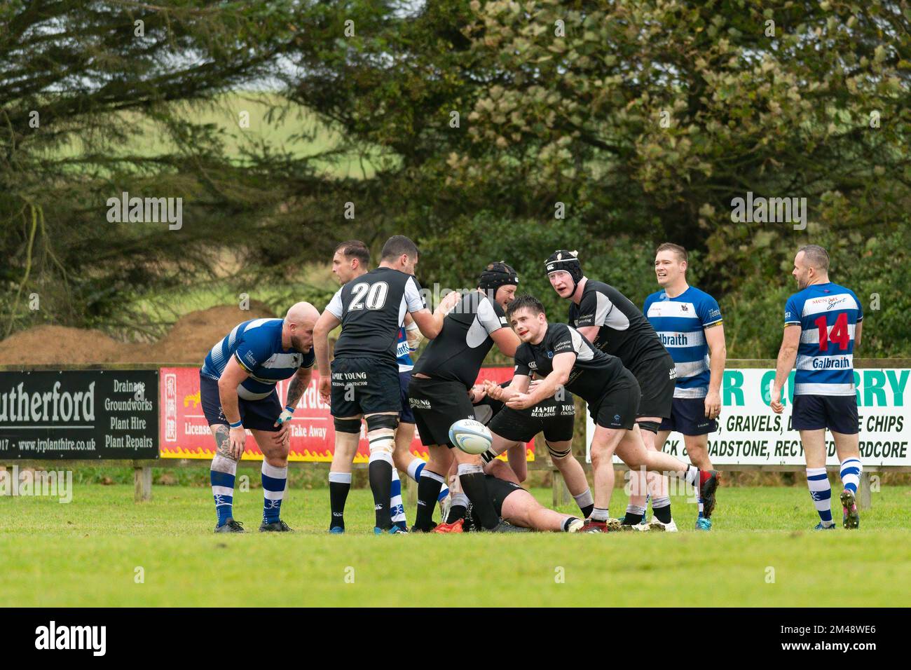 Berwick Scrum Half passt den Ball von der Rückseite des Scrums beim Spiel Berwick Rugby Club gegen Howe of Fife Rugby Club Männer Stockfoto