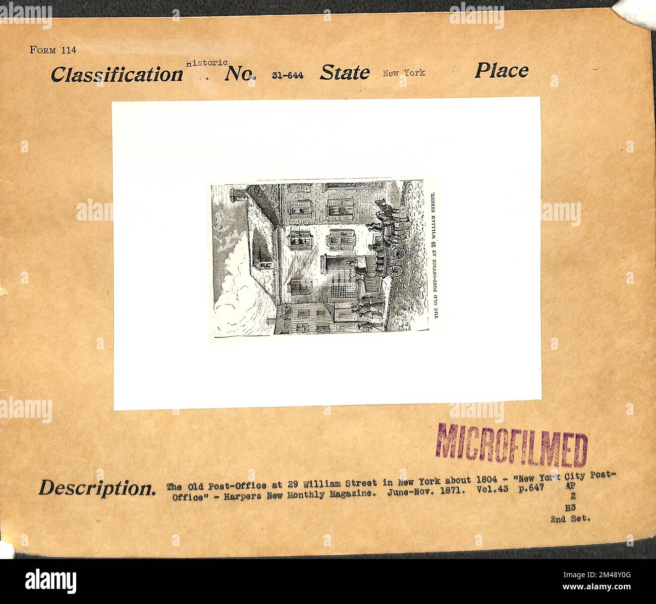 Das alte Postamt in der William Street 29 in New York um 1804 Uhr. Originaltitel: The Old Post-Office in 29 William Street in New York about 1804 - 'New York City Post Office' - Harpers New Monthly Magazine - Juni -November 1871 Bd. 43 S. 647. Staat: New York Ort: New York City. Stockfoto