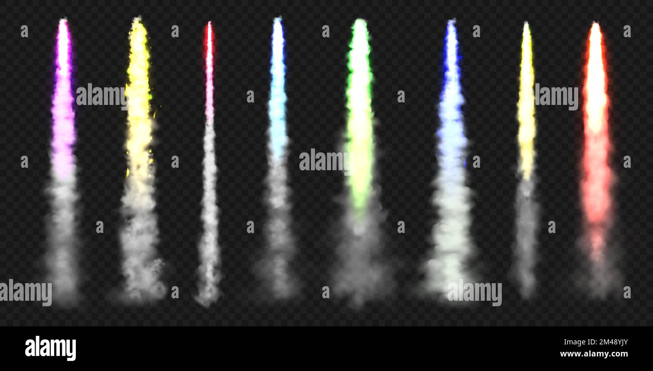 Realistische, farbenfrohe Raketenpfade. Feierlicher Start des Feuerwerks. Feuer geplatzt, Explosion. Raketen- oder Schussspur. Düsenflugzeuggleise. Rauchwolken Stock Vektor