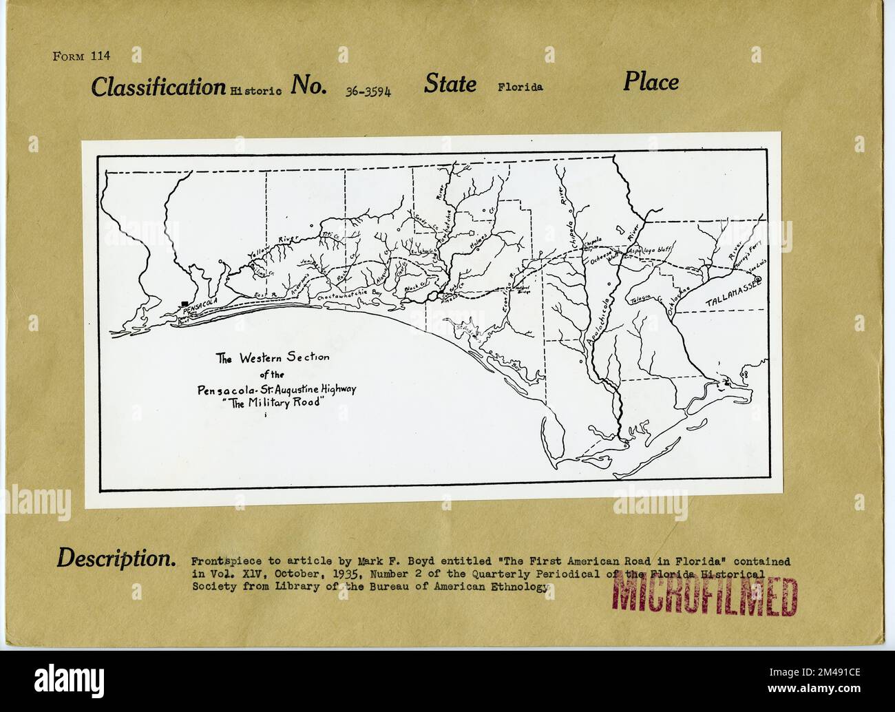 Westlicher Teil der Pensacola-St. Augustine Highway „Die Militärstraße“. Originalüberschrift: Vorderseite des Artikels von Mark F. Boyd mit dem Titel „The First American Road in Florida“ in Band XIV, Oktober 1935, Nummer 2 der vierteljährlichen Zeitschrift der Florida Historical Society aus der Bibliothek des Bureau of American Ethnology. Bundesstaat: Florida. Stockfoto