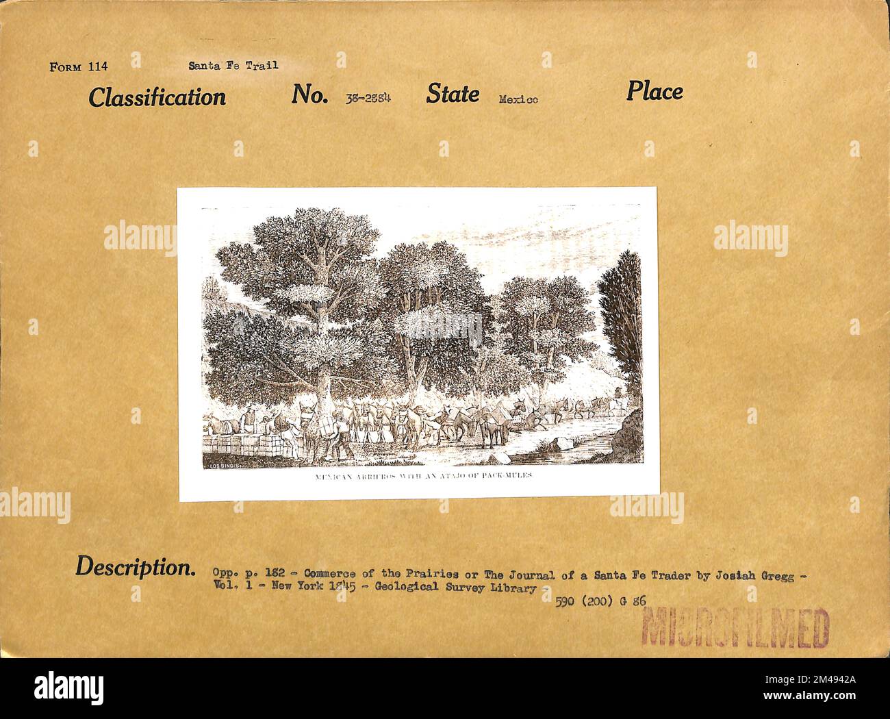 Mexikanischer Arrieros mit einem Atajo von Rudel-Maultieren. Originaltitel: OPP. P 182 – Commerce of the Prairies oder The Journal of a Santa Fe Trader von Josiah Gregg – Band 1 – New York 1845 – Geological Survey Library. Staat: Mexiko. Stockfoto