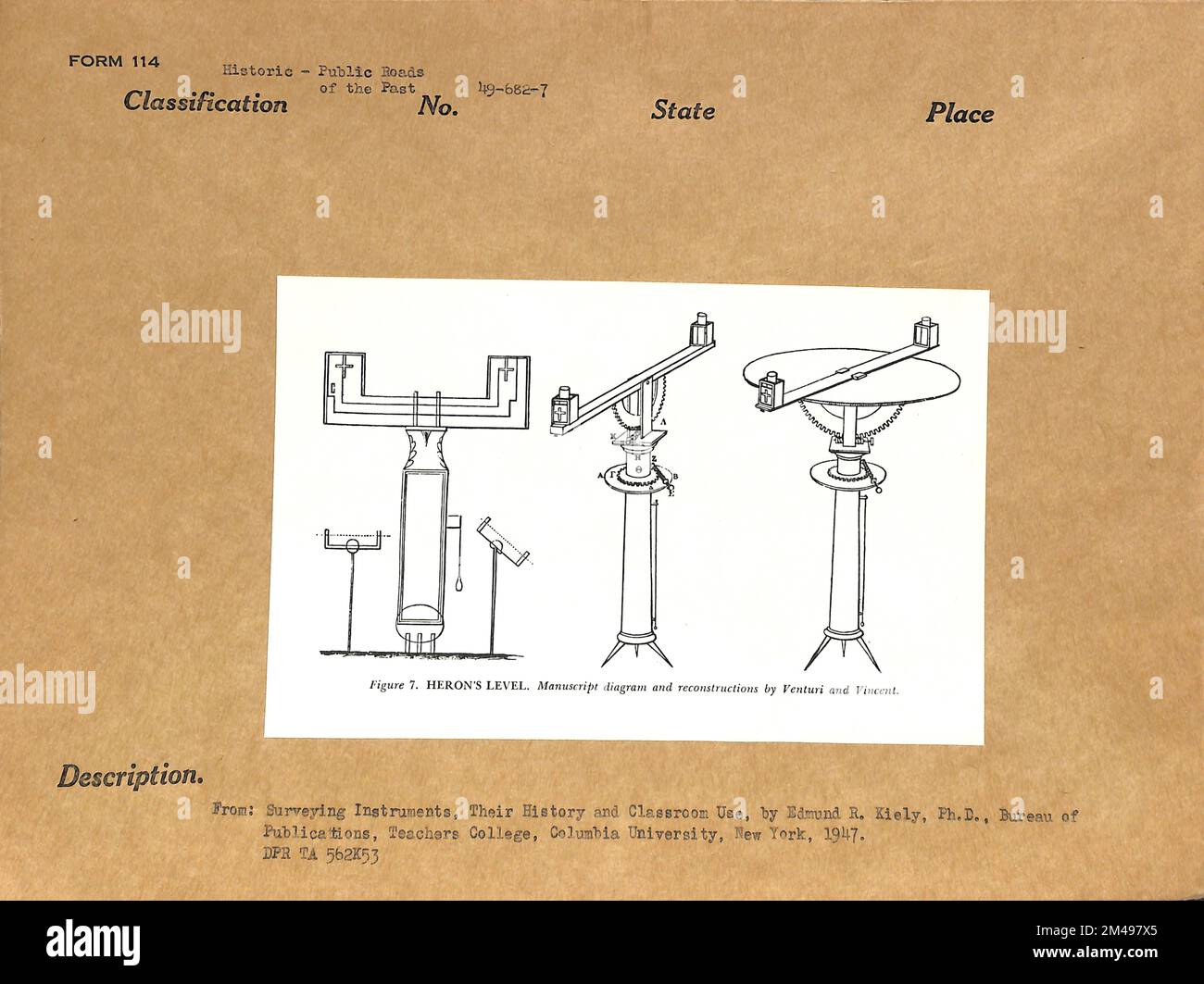 Heron's Level. Originaltitel: Von: Survey Instruments, Your History and Classroom Use, von Edmund Kiely, Ph.D., Bureau of Publications, Teachers College, Columbia University, New York 1947. Stockfoto