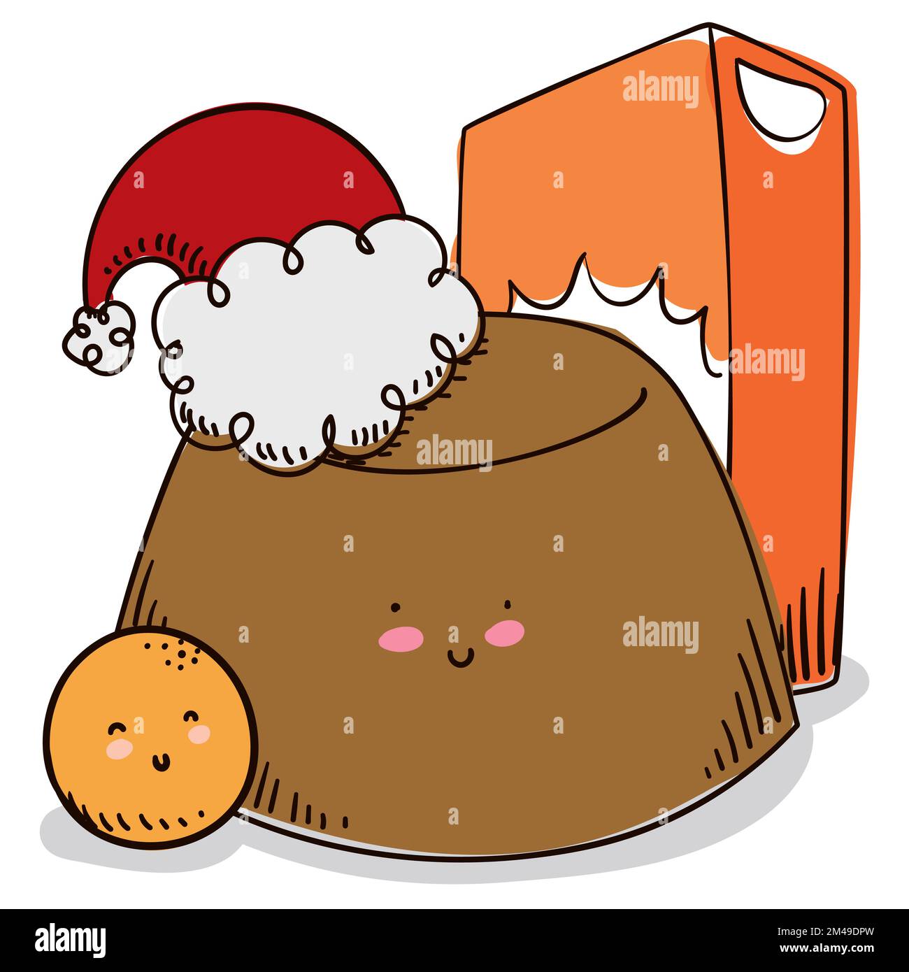 Schachtel mit süßem Vanillesauce mit Weihnachtsmannmütze und winziger, runder Ziege zur Feier der kolumbianischen Weihnachtszeit. Stock Vektor