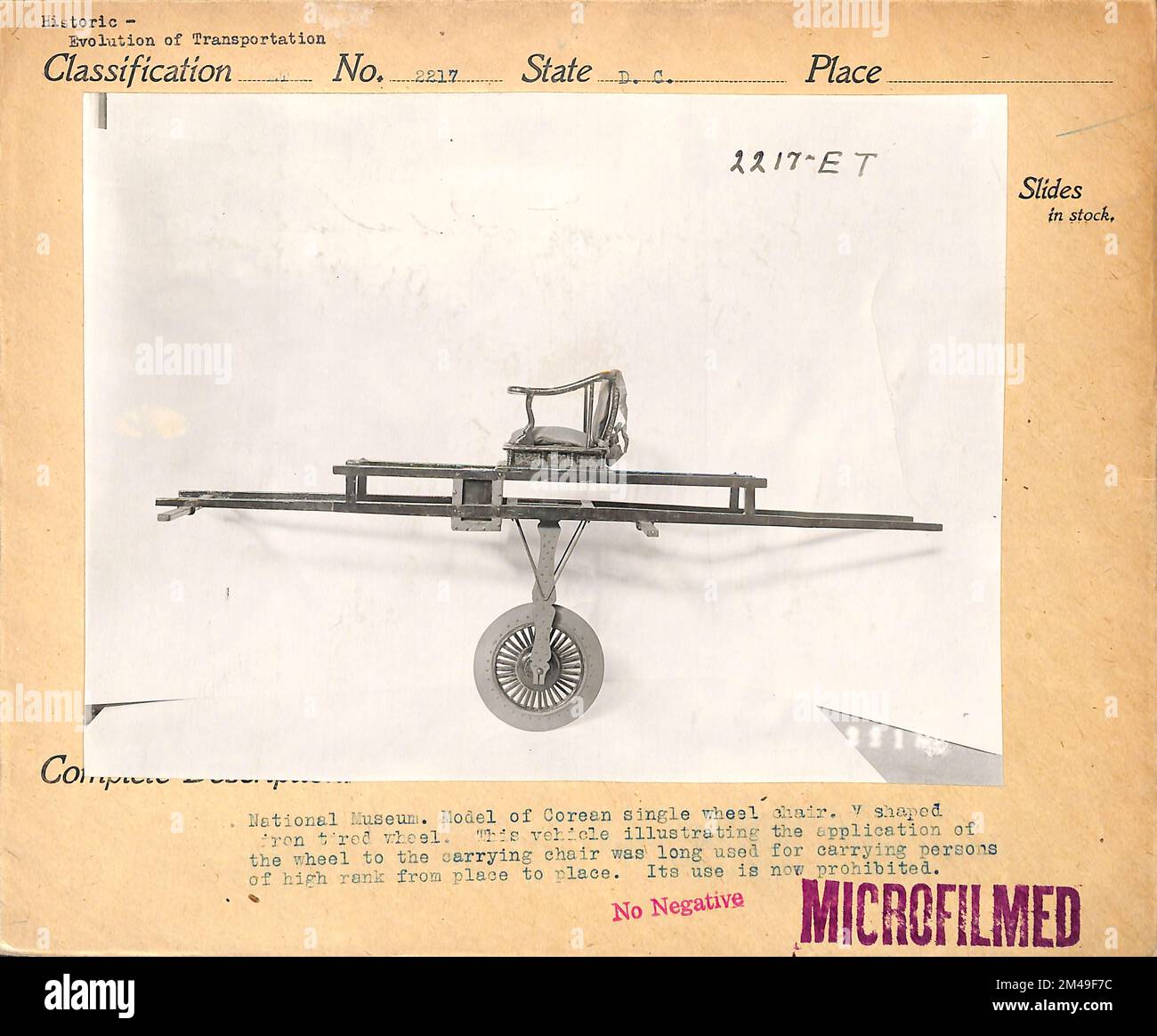 Modell eines koreanischen Rollstuhls. Originalunterschrift: Nationalmuseum. Modell eines koreanischen Einzelrollstuhls. V-förmiges, eisenförmiges Rad. Dieses Fahrzeug veranschaulichte die Anwendung des Rads auf dem Rollstuhl, der lange Zeit für den Transport von hochrangigen Personen von Ort zu Ort verwendet wurde. Seine Verwendung ist nun verboten. Bundesstaat: Washington, D.C. Stockfoto