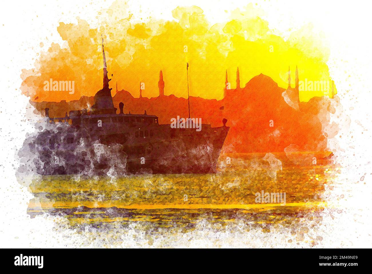 Aquarelle Kunst Istanbul Silhouette Sonnenuntergang Blick, Bosporus Fähre Stockfoto