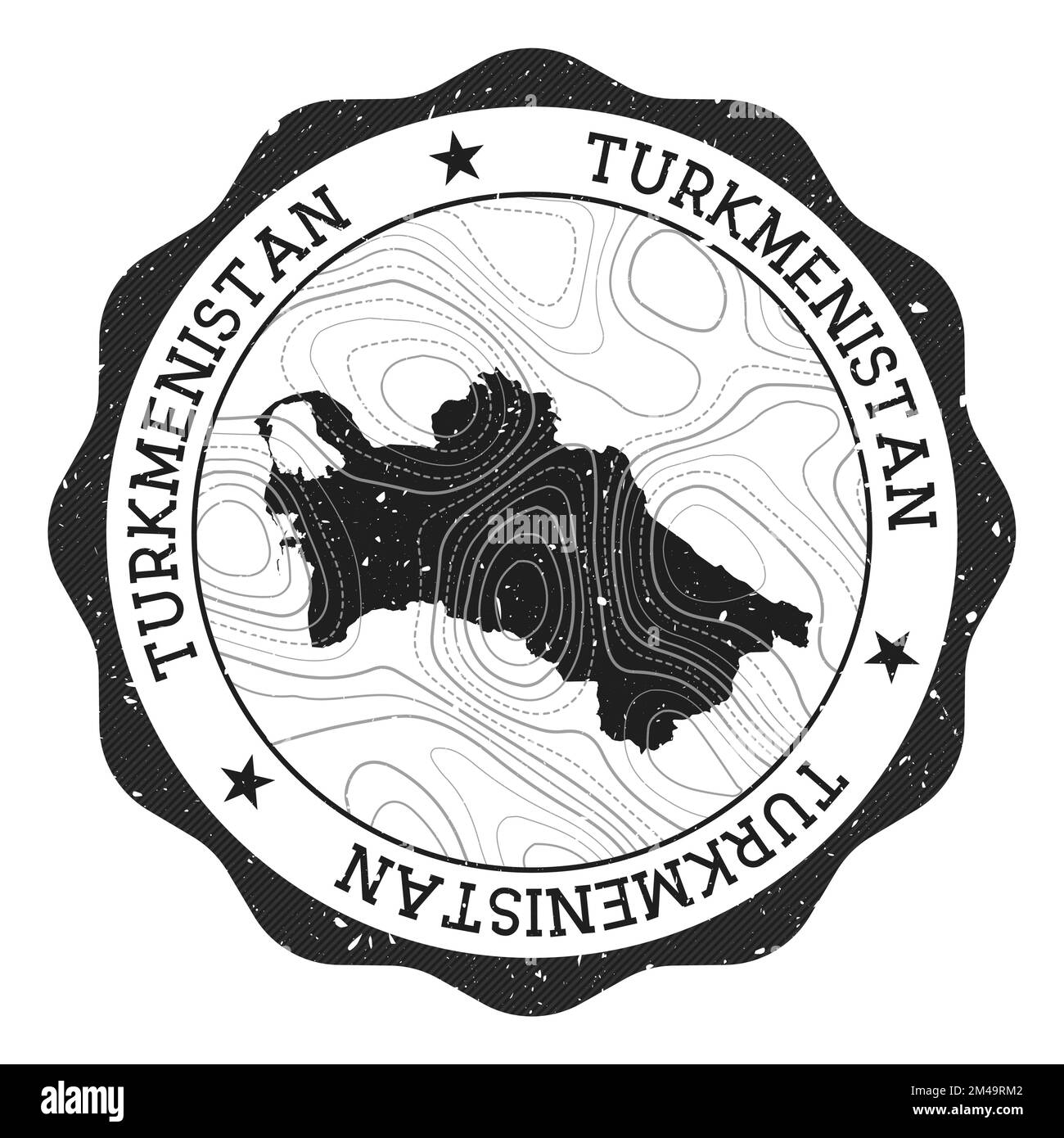 Turkmenistan Außenstempel. Runder Aufkleber mit Landkarte mit topographischen Isolinien. Vektorabbildung. Stock Vektor