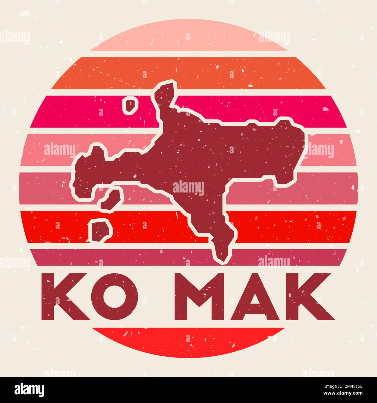 Ko Mak Logo. Unterschreiben Sie mit der Karte der Insel und den farbigen Streifen, Vektordarstellung. Kann als Abzeichen, Logo, Label, Aufkleber oder Abzeichen des K verwendet werden Stock Vektor
