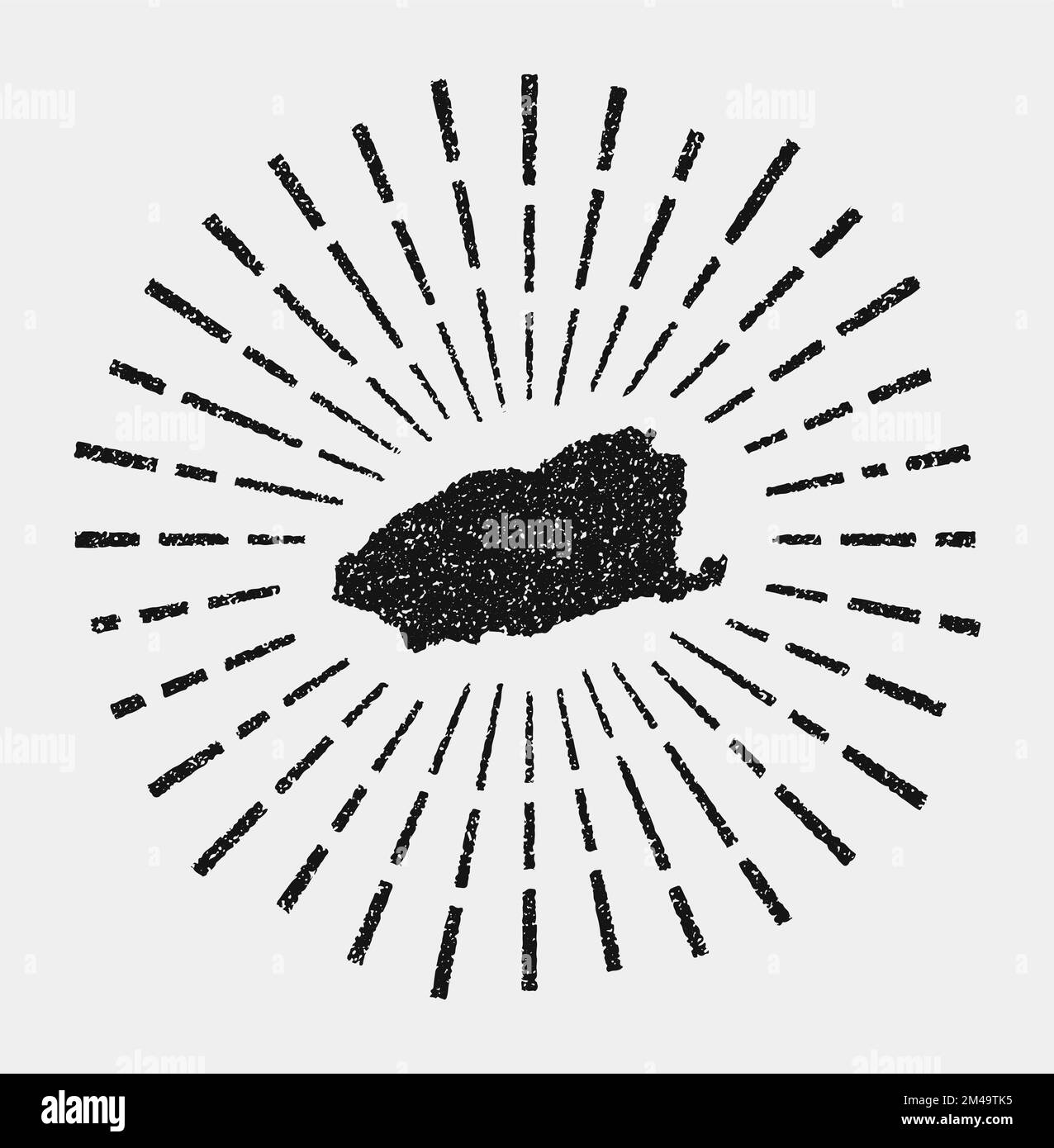 Vintage-Karte von Imbros. Grunge-Sonnenaufgang rund um die Insel. Schwarze Imbros-Form mit Sonnenstrahlen auf weißem Hintergrund. Vektordarstellung. Stock Vektor