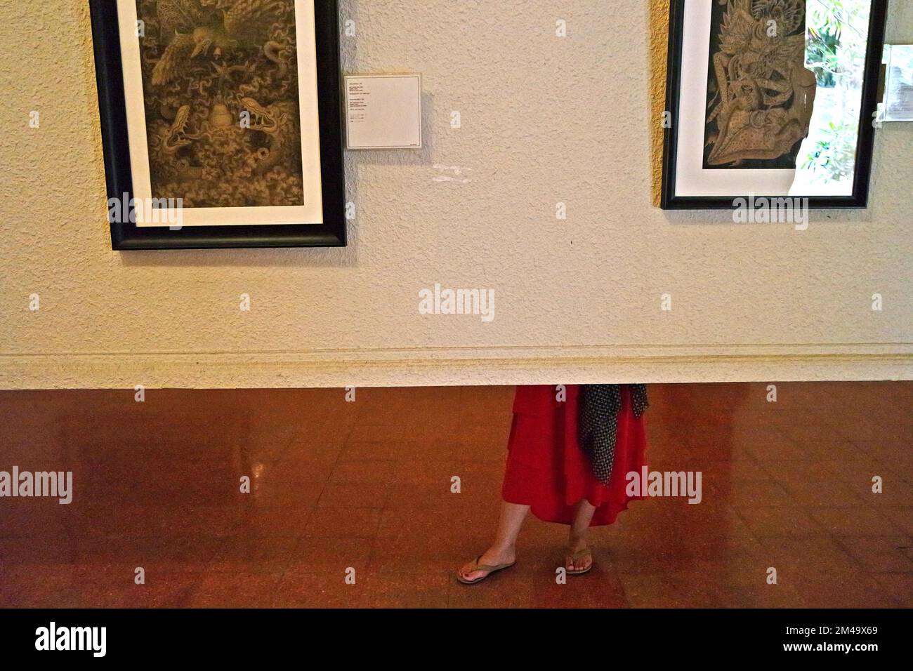Eine Besucherin wird von einer tragbaren Ausstellungswand aus fotografiert, während sie im Museum Puri Lukisan (Gemäldepalastmuseum) in Ubud, Gianyar, Bali, Indonesien, steht, um auf Gemälde zu achten. Stockfoto