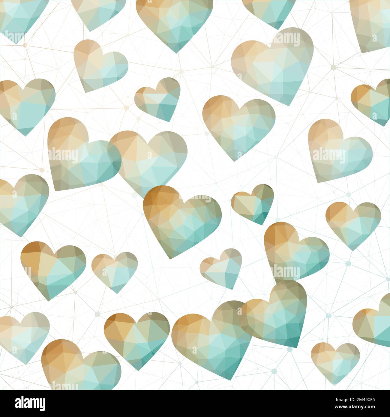 Konfetti mit niedrigem Polyherzen. Polygonale Herzen in braunen, blauen und grünen Farben. Ansprechendes digitales Design. Moderne Vektorillustration. Stock Vektor