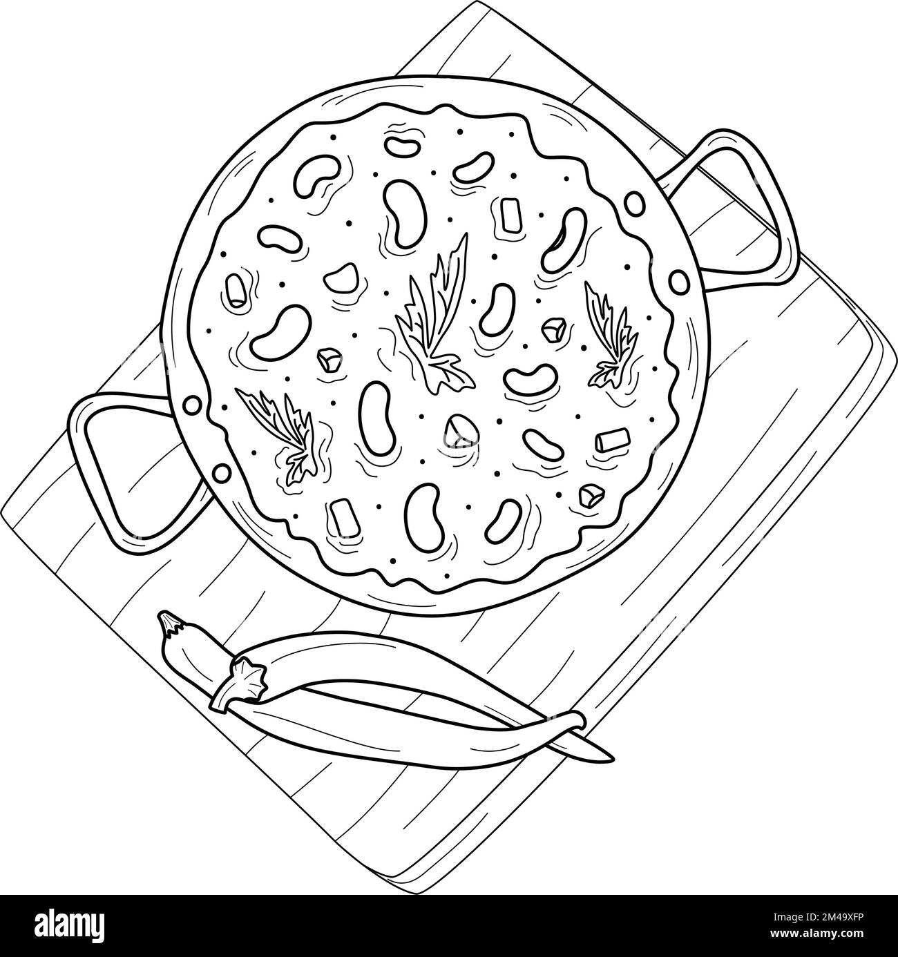 Umriss von Chile con carne mit Chili-Pfeffer auf einer Holzfläche. Ein traditionelles Gericht der mexikanischen Küche. Lateinamerikanisches Essen. Isolieren. Geeignet für Poster, Speisekarten, Broschüren, Einladungen oder Etiketten. EPS Stock Vektor