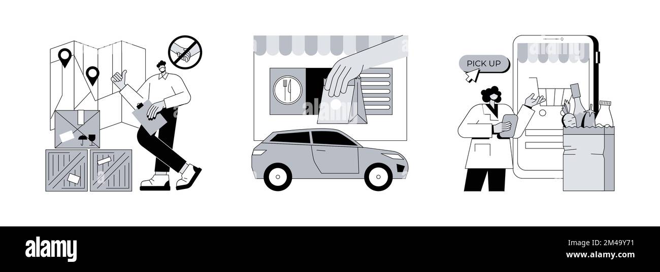 Safe Shopping abstraktes Konzept Vektor Illustration Set. Kontaktlose Lieferung, Drive-in-Restaurant, Lebensmittelabholservice, Online-Bestellung von Lebensmitteln, Take Away, abstrakte Metapher des E-Commerce-Shops. Stock Vektor