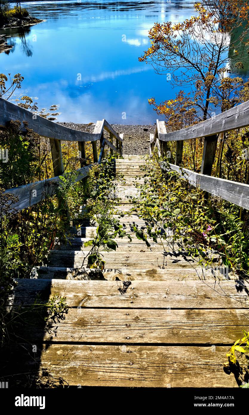 Eine hölzerne Treppe, die zum Ufer des Saint John River in New Brunswick Kanada führt. Stockfoto