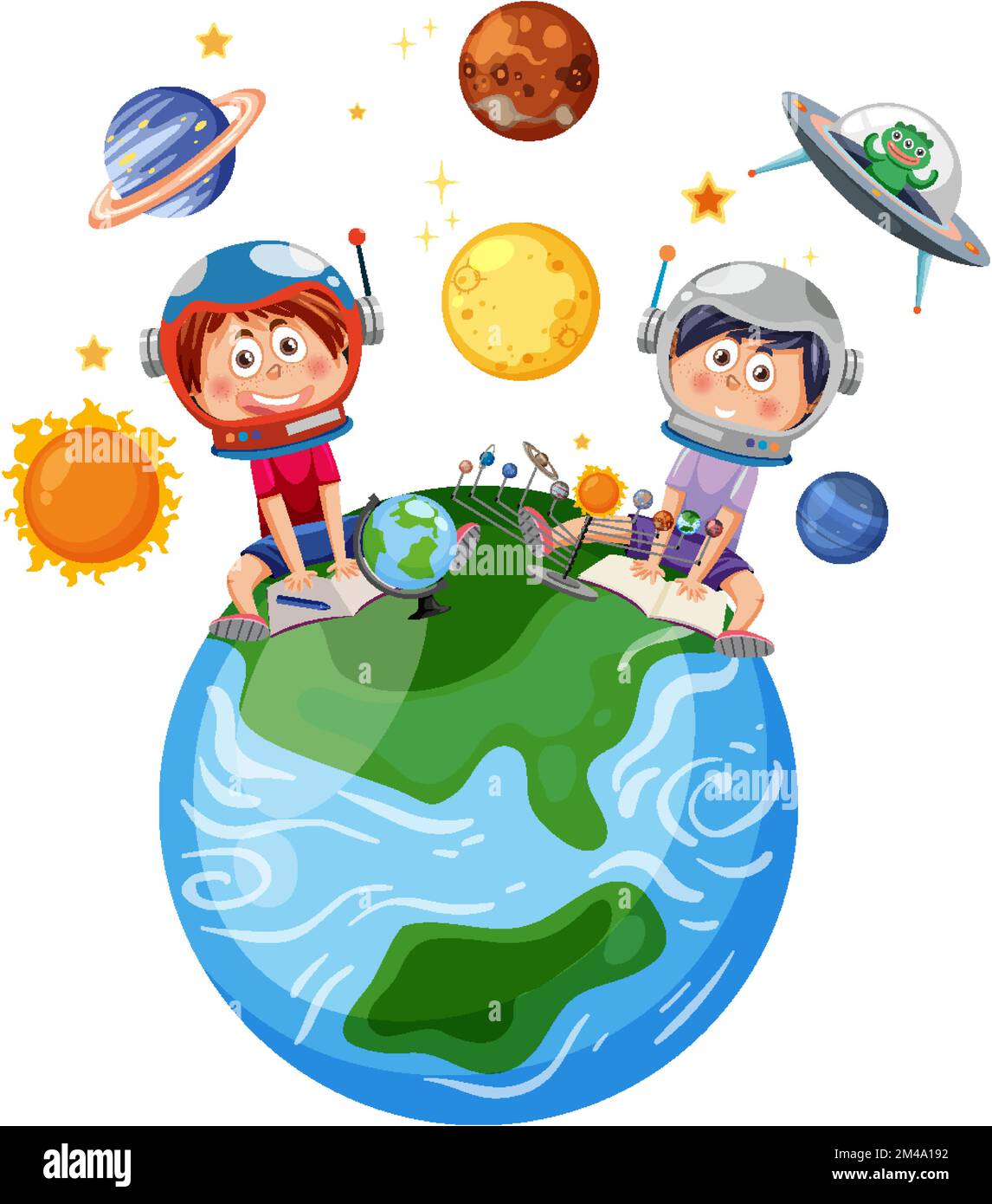 Kinder sitzen auf der Erde in Astronomie-Motto-Illustration Stock Vektor
