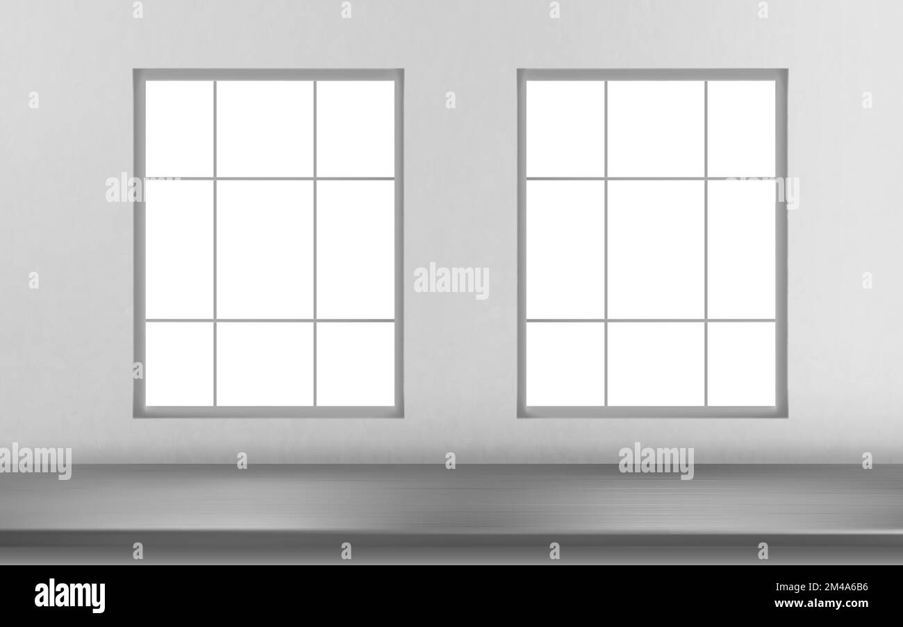 Stahltischfläche Vorderseite der Fenster auf weißem Wandhintergrund. Küche oder Café mit silberfarbenem Schreibtisch aus Edelstahl, Projektanzeige im Innendesign, Rendern. Realistische 3D-Vektordarstellung Stock Vektor