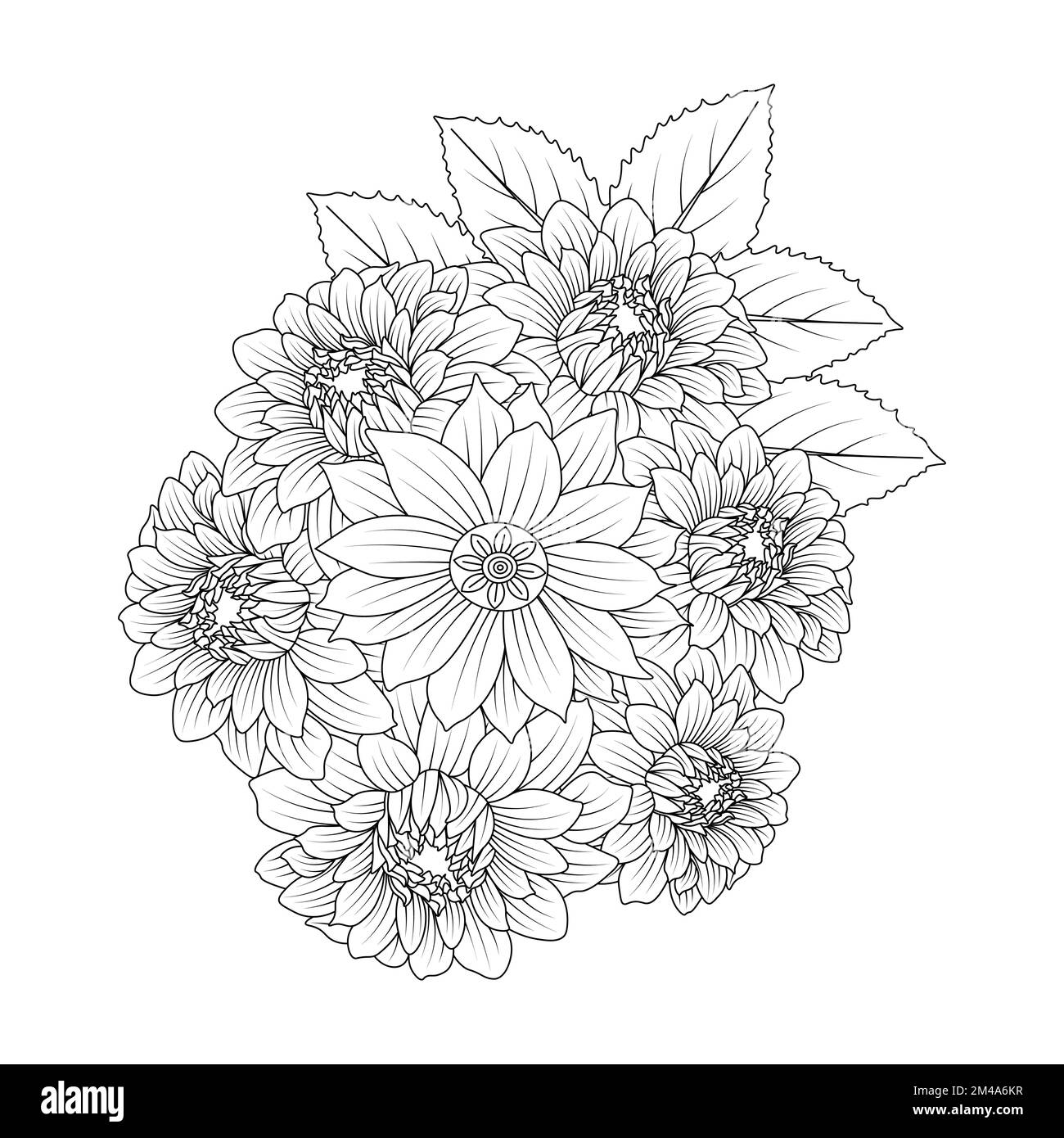 dahlienblüten-Illustration mit Bleistiftstrich im kritzeligen Kunstdesign des Farbseitendesigns Stock Vektor