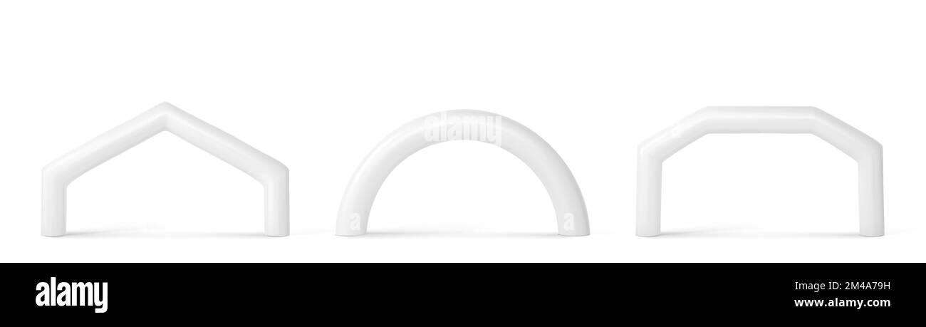 Weißer aufblasbarer Bogen für Sportveranstaltungen, Rennen, Marathon, Lauf oder Triathlon. Vector realistische Mock up Set von leeren Ballonröhren verschiedenen Formen für Start-und Ziel-Display oder Sponsoring-Werbung Stock Vektor