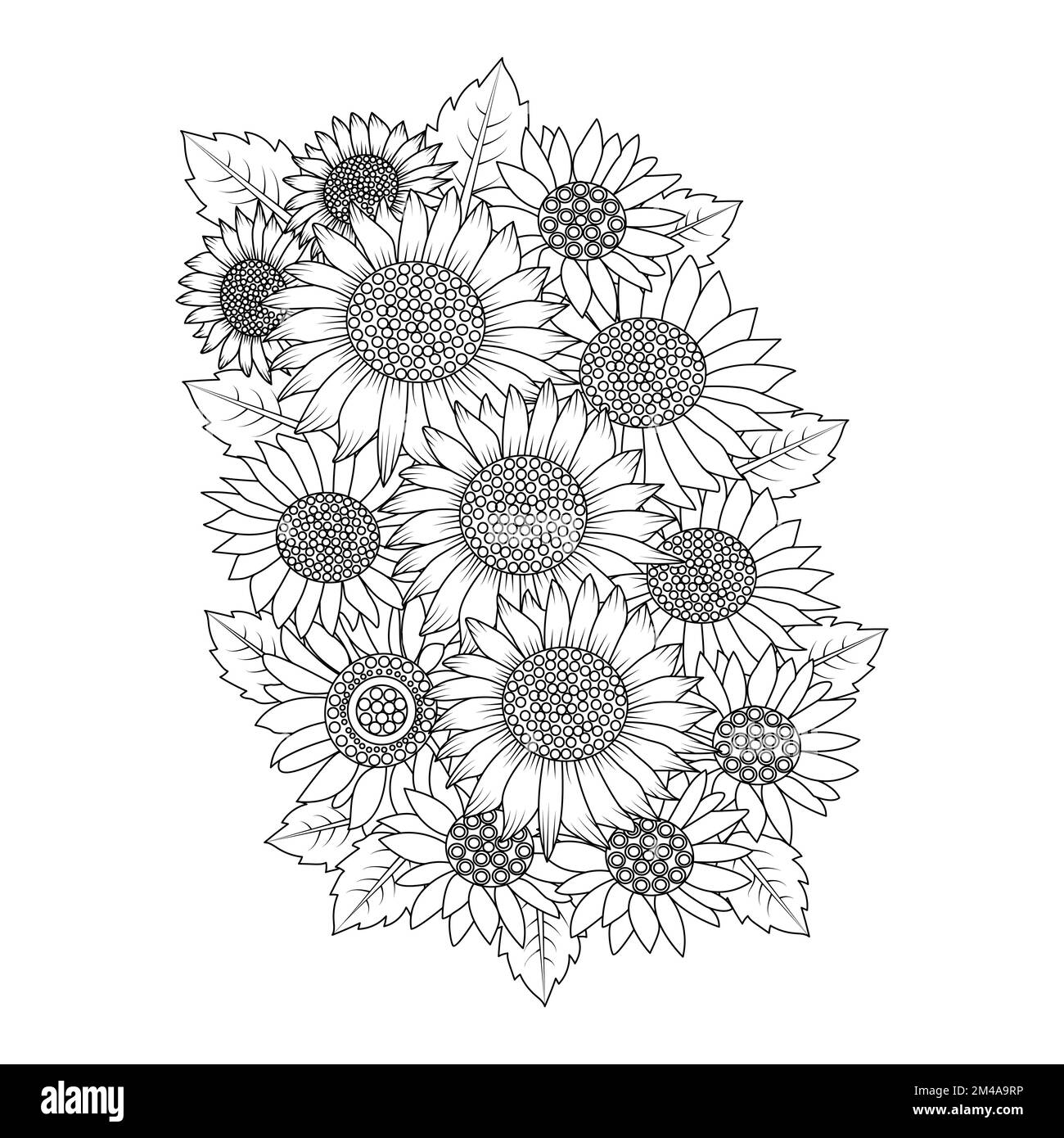 Sonnenblumen-Vektordesign mit blühenden Blütenblättern für Erwachsene, mit Bücherblattblumen Stock Vektor