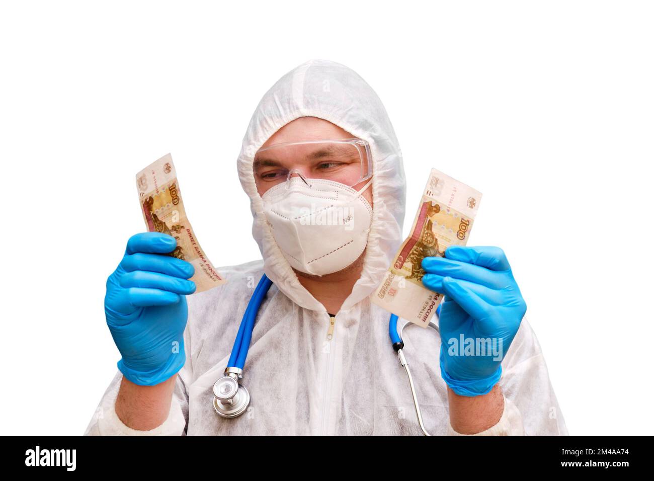 Mann Arzt in Schutzanzug Uniform mit Schutzbrille und Gesichtsmaske, isoliert auf weißem Hintergrund. Sanitäter bei weissen antiviralen Gerinnseln Stockfoto