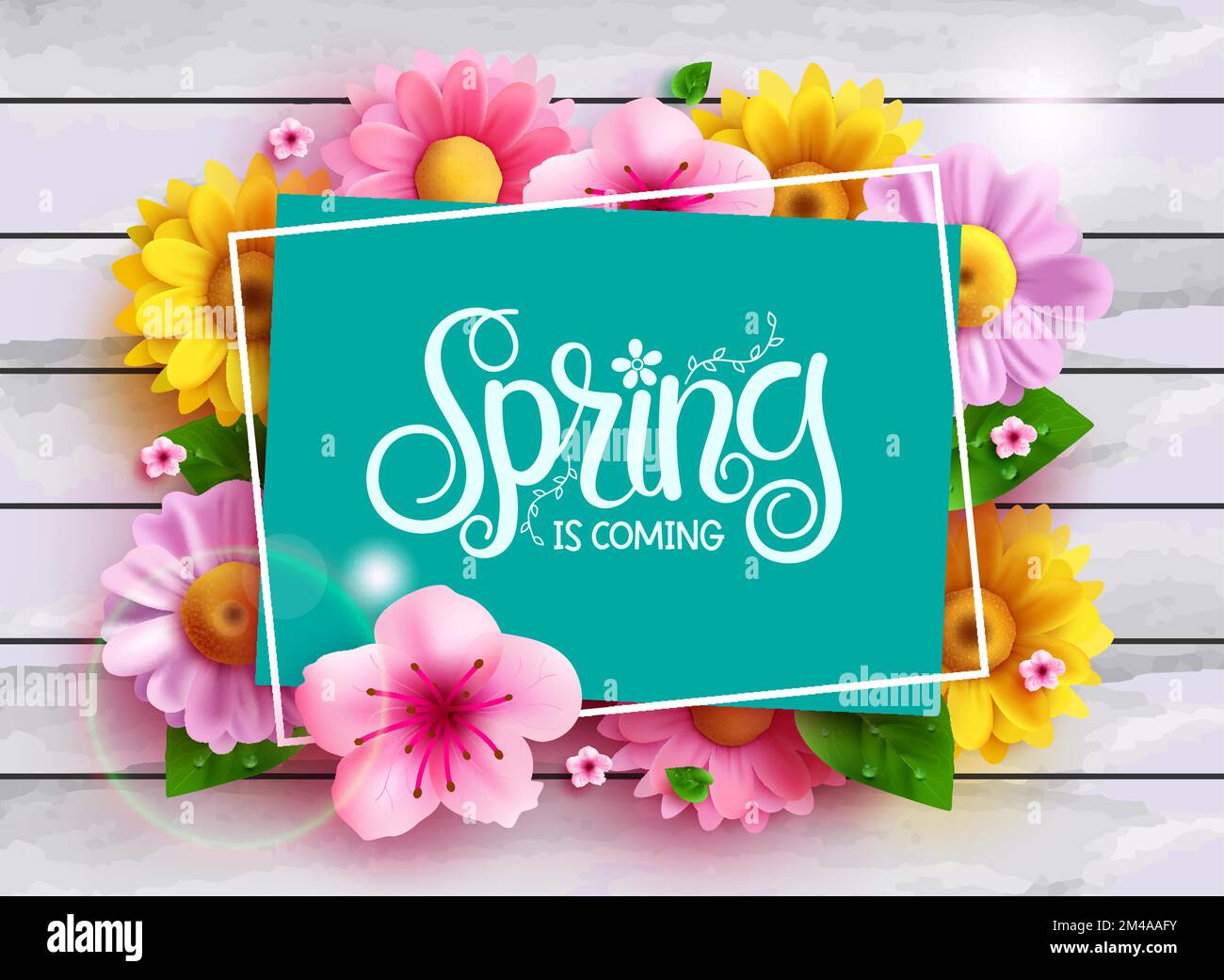 Design der Vektorvorlage für Federtext. Der Frühling steht vor der Typografie in einem leeren Rahmen mit bunten, frischen Blumen und Dekorationselementen für die Saison Stock Vektor