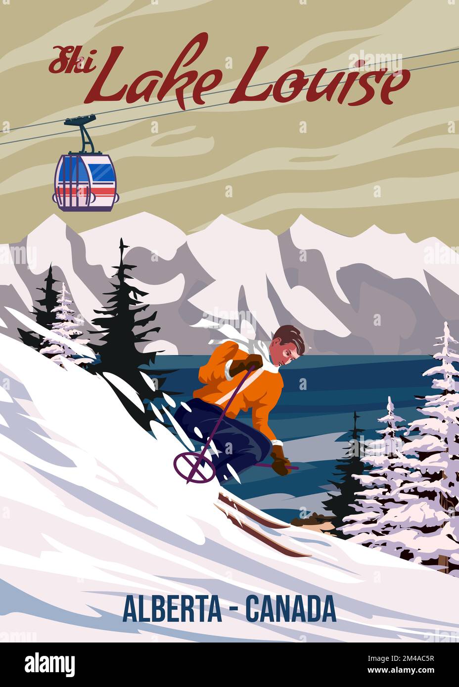 Reiseposter Ski Canadian Lake Louise Resort Vintage. Reisekarte für die Winterlandschaft von Kanada Stock Vektor